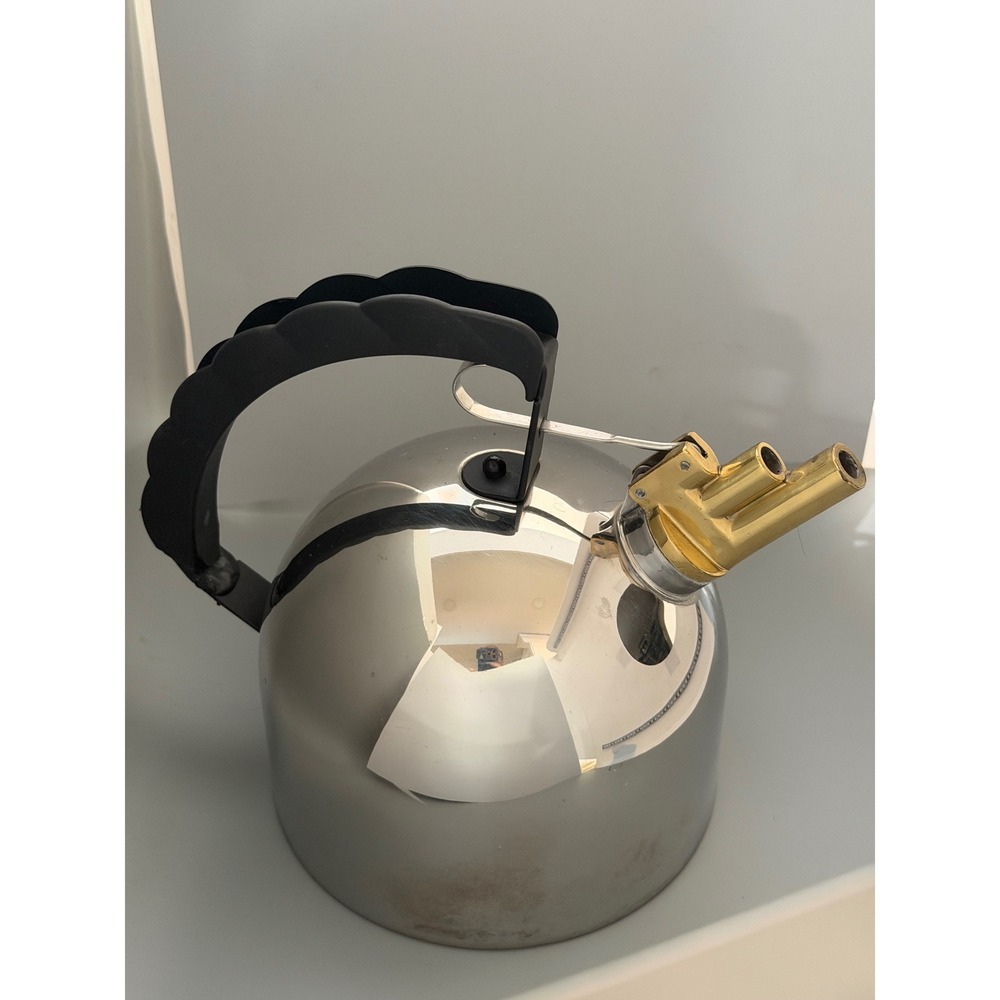 Alessi 9091 Richard Sapper Tea Kettle Silver Melodic Brass Whistle Italy